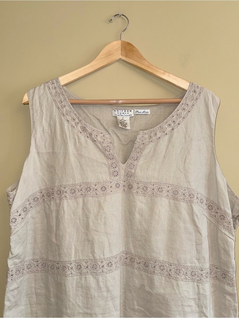 Sleeveless Linen Shift Dress 1X Beige Eyelet Embroidery Vneck Summer Resort Chic - Picture 2 of 7